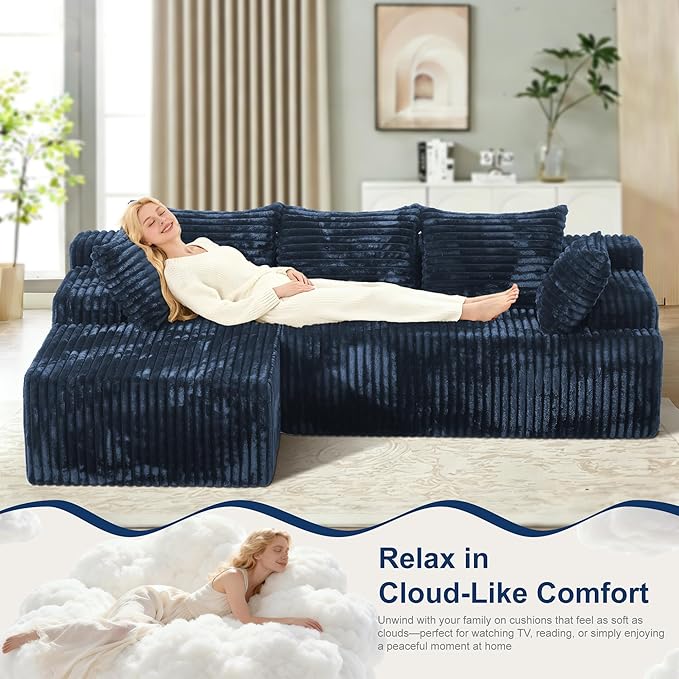 Redlife 95 L-Shaped Modular Sectional Sofa Faux Rabbit Fur Modular Floor Couch with Chaise High-Density 30D Foam Sponge No Assembly Required 5 Pillows Compressed for Living Room (Blue)