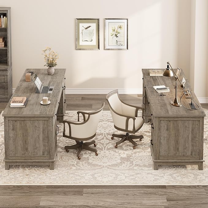 IDEALHOUSE Extra-Large Double Workstation Desk Spacious Home Office Desk with Adjustable Storage Cabinets Full-Extension File Drawers &amp Built-in Charging Station for Shared Work/Study Retro Gra