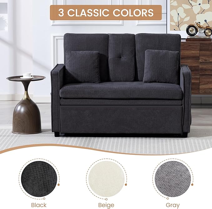 Convertible Sofa Bed 3-in-1 Sleeper Sofa with Pull-Out Bed Chenille Couch Folding Loveseat USB Ports &amp Adjustable Backrest Modern Loveseat for Living Room Apartment Black
