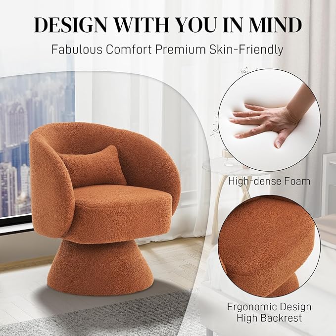 Swivel Barrel Chair Set of 2 Upholstered Swivel Cuddle Accent Chairs for Living Room Comfy 360°Small Round Boucle Sherpa Barrel Armchair for Bedroom Nursery (CaramelTeddy)