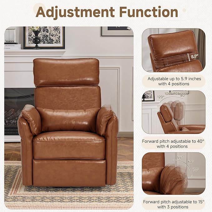 Power Recliner Rocking Chair Nursery Gliders with Adjustable Armrests and Headrest Swivel Electric Glider Reclining Nursing Chair with USB Port and Storage Bags FSC Certified (Leather Brown)