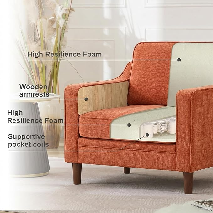 Kingfun Accent Chair Living Room Chairs Mid Century Reading Armchair Chenille with Solid Wood Foot Upholstered Modern Decor for Bedroom Apartment Orange