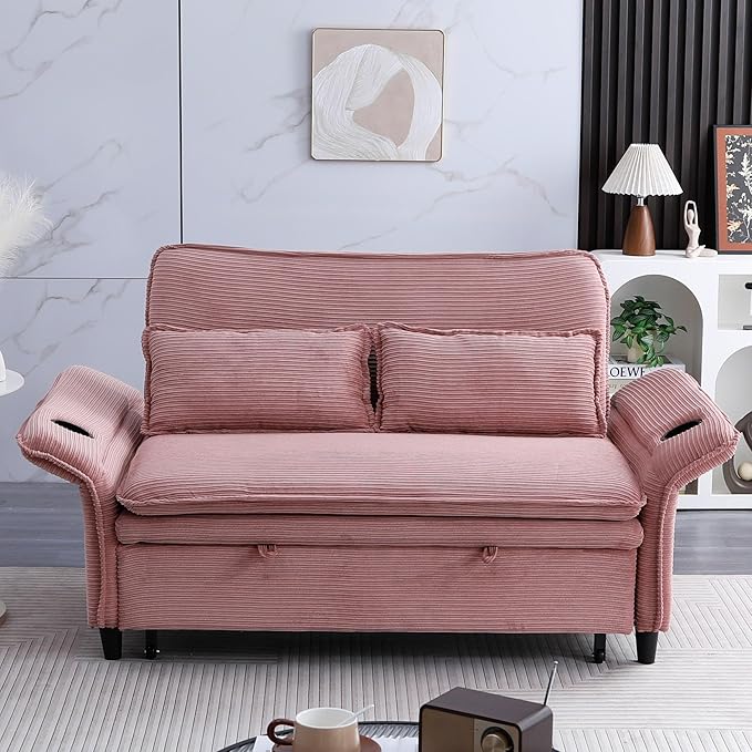 3 in 1 Convertible Sleeper Sofa Bed Loveseat Sleeper 65” Pull Out Couch Adjustable Armrest and Backrest with 2 Pillows for Living Room Bedroom (Pink)