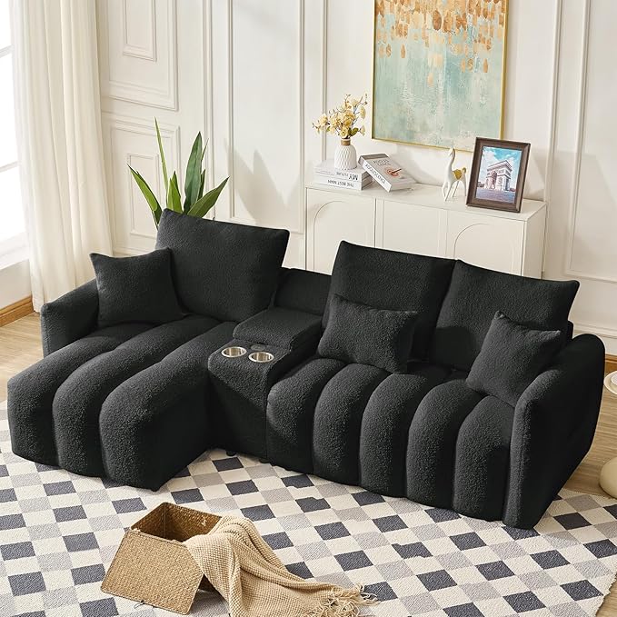 L Shaped Couch with Console 3 Seater Oversized Modern Sectional Modular Teddy Cloud Fluffy Comfy Sofa Couch with Storage &amp USB Charging Ports &amp Cup Holders for Living Room Office Apartment B