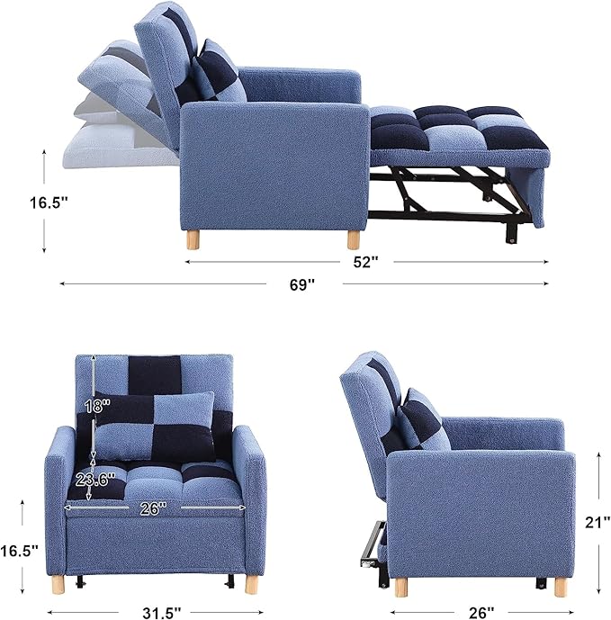 Convertible Sleeper Sofa Chair Bed3-in-1 Sleeper Chair Bed with PillowPull Out Single Armchair Sofa Bed with Adjustable Backrest Multi-Functiona Lounge Chair for Living Room (Blue)