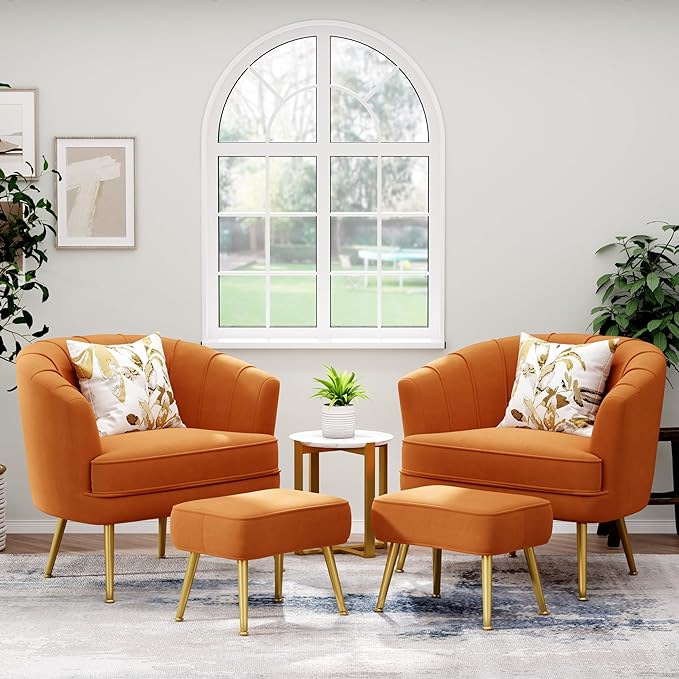 Andeworld Velvet Accent Chair with OttomanUpholstered Modern Single Sofa Side ChairComfy Barrel Club Living Room Armchair with Golden Metal Legs for Bedroom Living Reading Room OfficeCaramel Orange