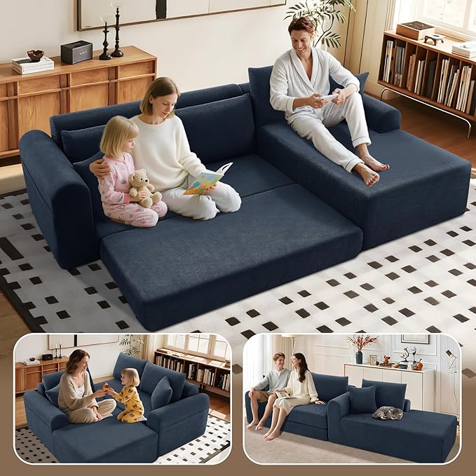 KBQ Modular Sectional Couch in a Box 103 L Shaped Boneless Cloud Couch with Deep Seat Convertible Sofa Bed for Living Room Apartments No Assembly Required Navy Blue Right Facing Chaise