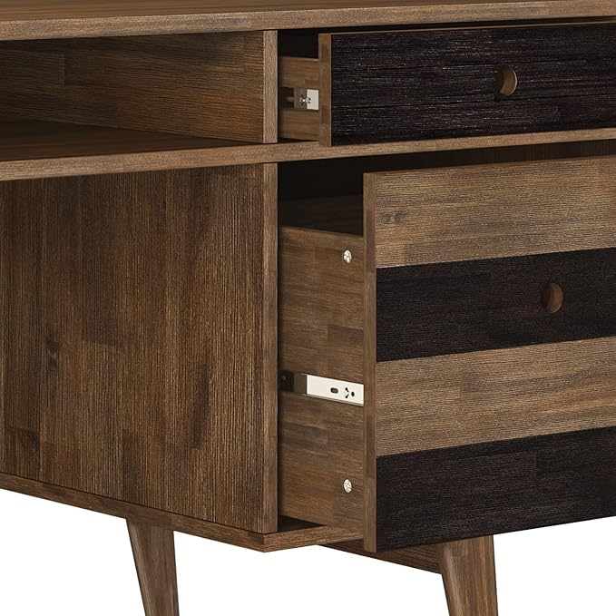 SIMPLIHOME Clarkson Desk - 60 Inch Wide Solid Acacia Wood Writing Desk in Rustic Natural Aged Brown Contemporary Home Office Computer Table for Study with 2 Side Drawers and Open Storage Compartments