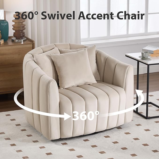 Chifee &amp Vingol 40.35 W Swivel Accent Barrel Chair with Ottoman Velvet Round Barrel Chair with 3 Pillows 360 Degree Swivel Armchair for Living Room Bedroom Beige