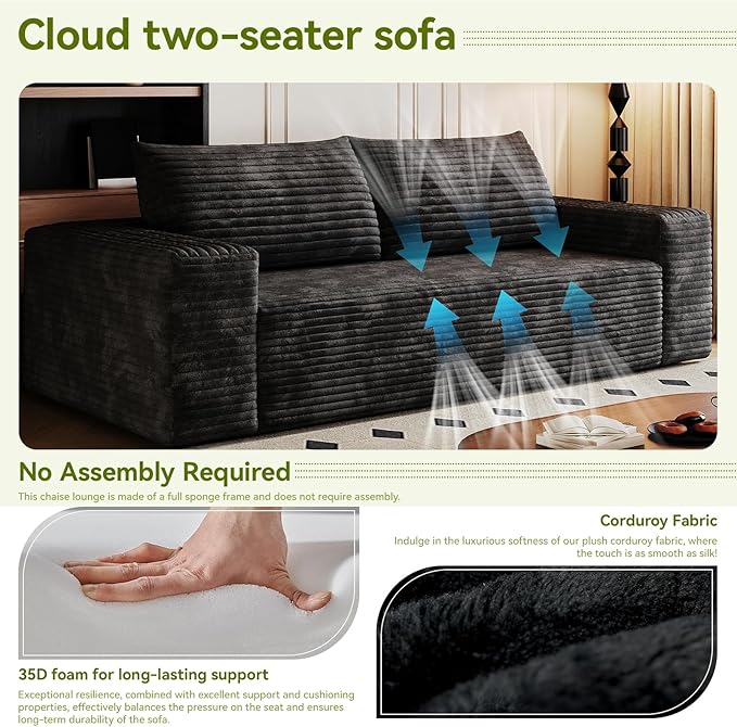 63 Boneless CouchNo Assembly RequiredLoveseat Velvet Couch Soft and Comfortable for Living Rooms Bedroom and Dormitories (Black 1)