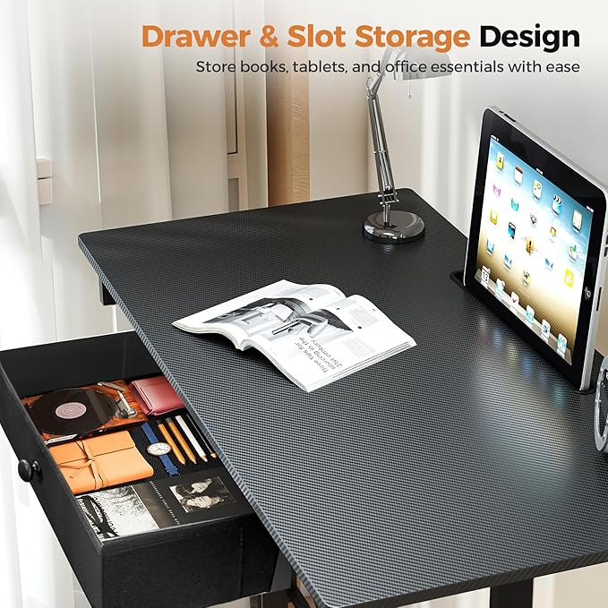 GTPLAYER Small Mobile Standing Desk 32In Wide Adjustable Height Stand Up Desk for Home Office Portable Sit Stand Rolling Computer Desk with Wheels Storage Drawer and Slot Carbon Fiber Style Black