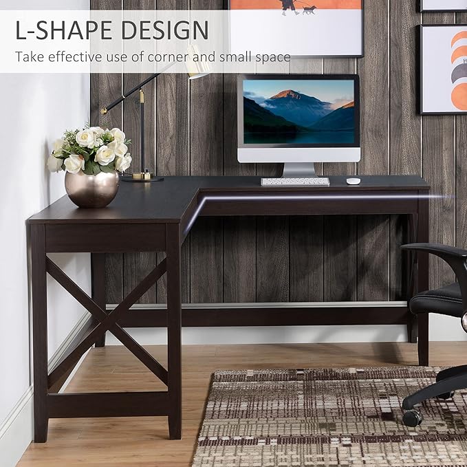 57 L Shaped Corner Desk Computer Home Office Desk and Writing Table Brown