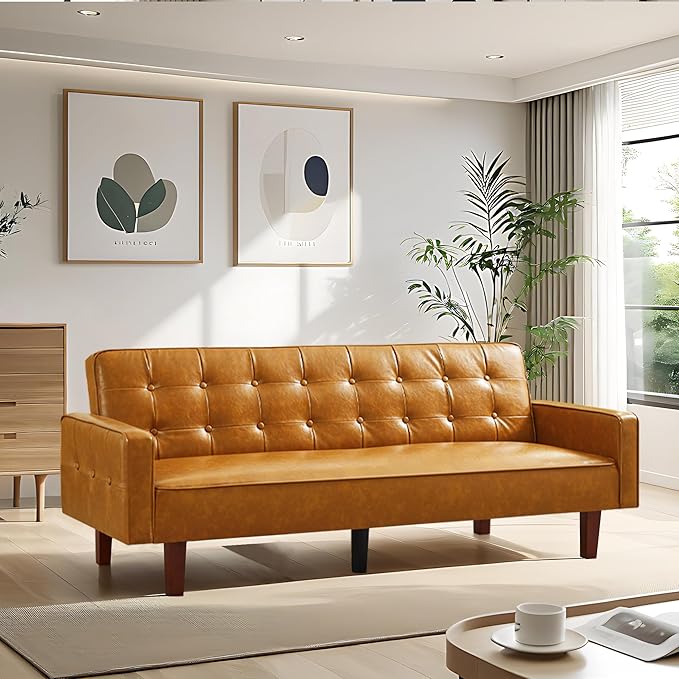 74 Futon Sofa Bed Mid Century Modern Futon Couch Small Sofa Cama Loveseat Small Couches for Living Room Office(Faux Leather Brown)