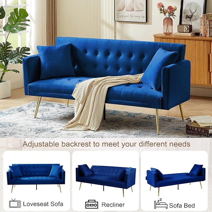 Anwick Modern Velvet Futon Sofa Bed: 72 Satin Convertible 2 Pillows Tufted Back Golden Metal Legs Folding Sleeper Loveseat for Small Space Home Office Living Room (Blue)