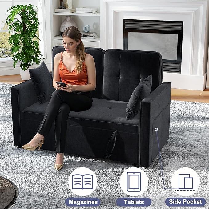 Loveseat Sleeper Sofa Bed Couch: Queen Sleeper Chair Pull Out Bed for Living Room Black Velvet Couch Beds for Small Spaces 3 in 1 Convertible Sofa with Armrests