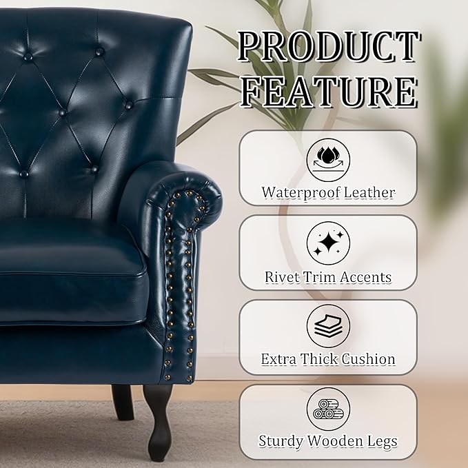 Modern Accent Chair Mid-Century Faux Leather Armchair with Solid Wood Legs Single Sofa Club Chair for Living Room Bedroom Leisure Room Reading Room(Navy)