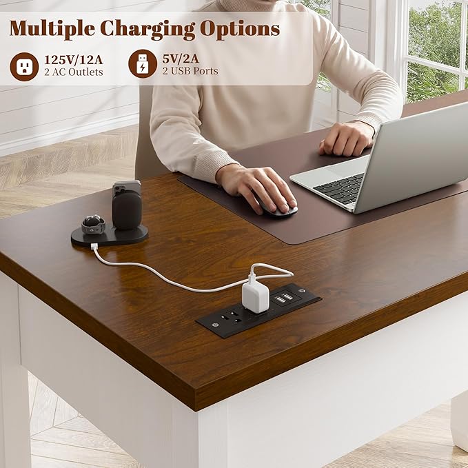 EnHomee 40 Computer Desk with Drawers Small Desk with Power Outlets for Bedroom and Home Office Writing Desk with Drawers and a Side Pocket Vanity Desks for Bedroom Brown+White