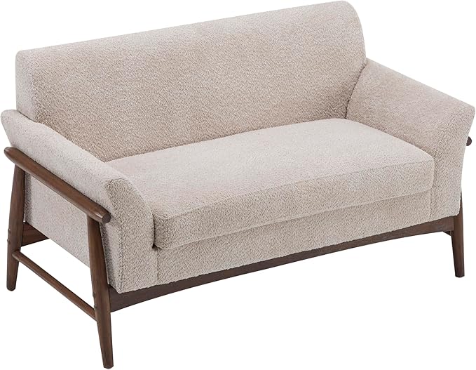 Christopher Knight Home Canna Boucle Flared Arms Loveseat Comfy Upholstery 2 Seater Sofa Wooden Frame Living Room Chair Soft Seating Lounge Sofa for Bedroom/Office Almond + Walnut