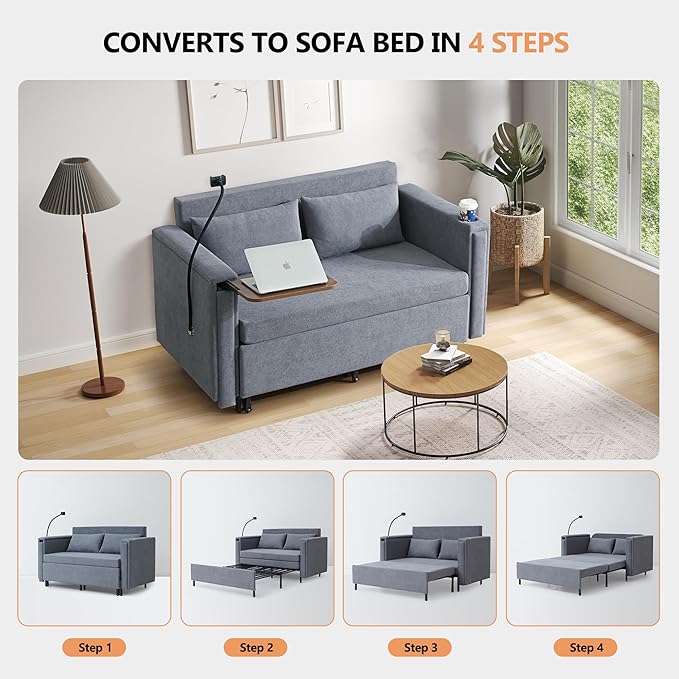 ORRD Pull Out Sofa Bed 2-in-1 Multi-Functional Sleeper Couch Small Loveseat Bed with Hidden Side Table Phone Holder and Cup Holder for Living Room Small Space Apartment (Grey)
