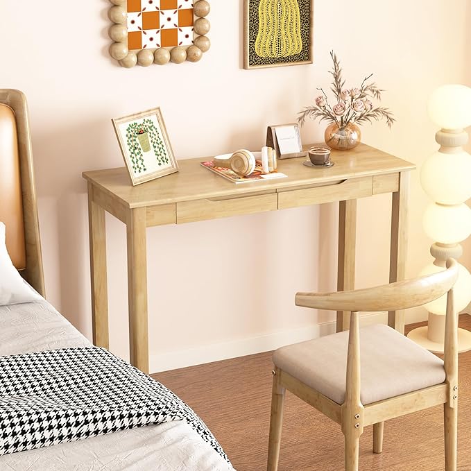 Solid Wood Desk with Drawers - 39 x 16 Inch Boho Narrow Desks Mid Century Modern Desks Rubber Wood Study Table Small Writing Desk for Bedroom|Small Spaces Natural