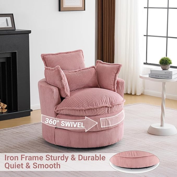 Karl home Swivel Barrel Chair-Corduroy360 Degree Modern Lounge Armchair ChairComfy Round Accent Single Sofa Chair with 3 Pillows for Living RoomBedroomLoungeHotelPink