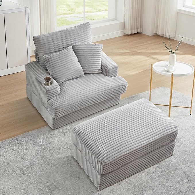 Chaise Lounge Chair Indoor 39 W Plush Corduroy Oversized Chair with Ottoman Upholstered Cozy Chaise with Cup Holder Modern Deep Seat Comfy Sofa Armchair for Living Room Bedroom(Grey)