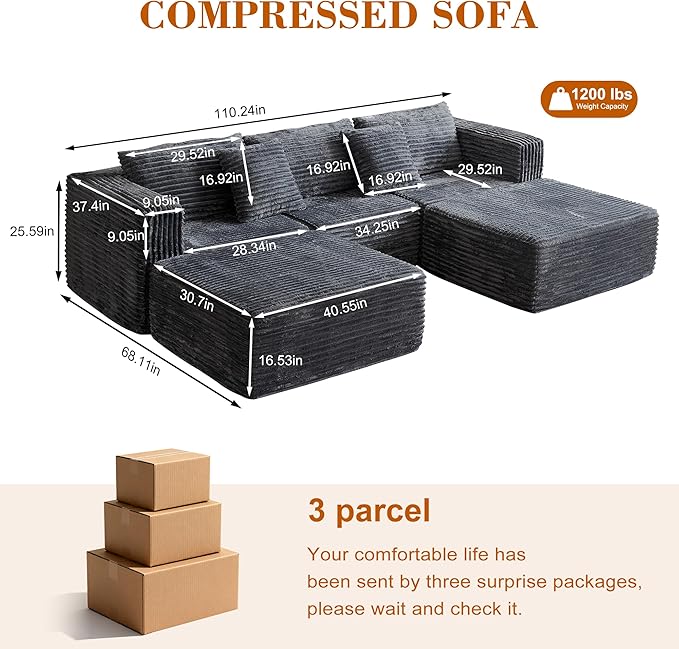 110 Corduroy Modular Sectional Boneless Sofa with 2 Ottomans Convertible Cloud Couch with Deep Seats Fluffy Memory Foam U Shaped Couch for Living Room No Assembly Required (Gray)