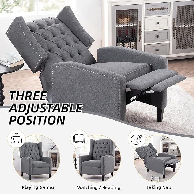 Wing Back Recliner Chair for Living Room Push Back Reclining Chairs Club Accent Chair Lounge Armchair Comfy Fabric Arm Chair with Rivet Decoration Tufted Back Solid Wood Legs Grey