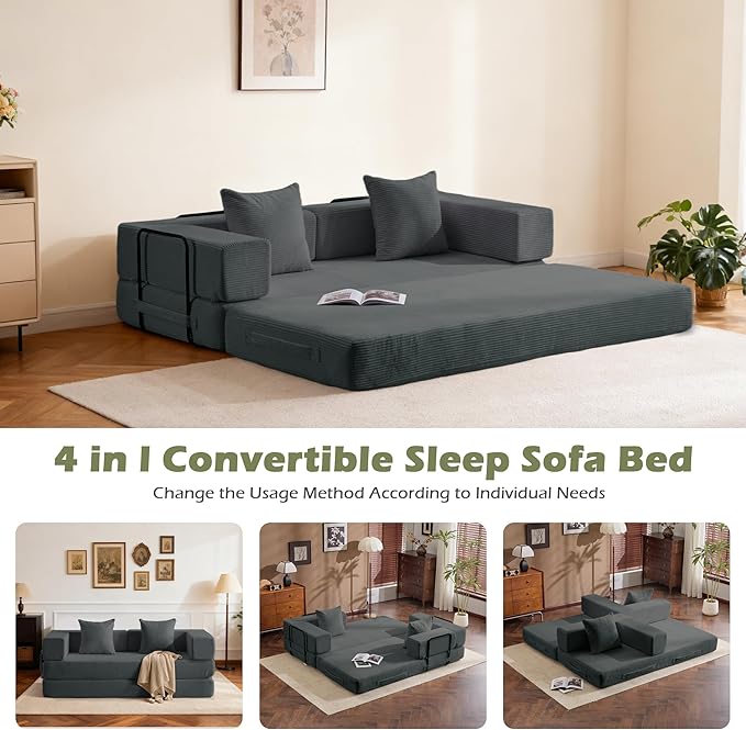 4 in 1 Convertible Sleeper Sofa Bed 78’’ Compression Folding Sofa Bed with Pillows &amp Side Pockets Fold Out Floor Couch Boneless Couch for Living Room BedroomGrey