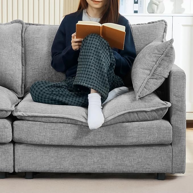 102 Grey Modular Sectional Sofa with Movable Ottoman Convertible L Shaped Chenille Cloud Couch Comfy 3-Seater Deep Seat Sofa Couches for Living Room Bedroom and Apartment (Grey 102)