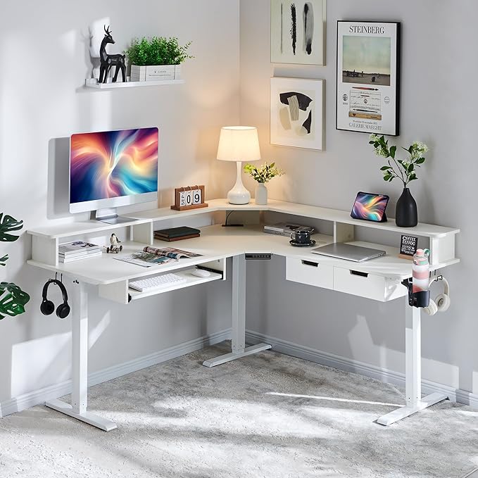 RedLemon Electric L Shaped Standing Desk 60 Motor Height Adjustable Sit Stand Corner Desk with Led Large Home Office Desk Computer Workstation Antique White