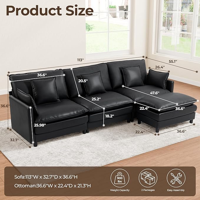 113'' L Shaped Cloud Couch 4-Seater Modular Sectional Sofa with Double Layer Upholstered Seat Cushion PU Deep Seat Couches with Ottoman &amp Pillows for Living Room Bedroom &amp Apartment Black