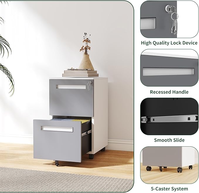 Metal 3 Drawer File Cabinet with Lock on Wheels Locking Filing Cabinet with Key for Home Office Rolling Filing Cabinets with Wheels All-Steel Metal 110 LBS Capacity (2 drawer Gray + White)