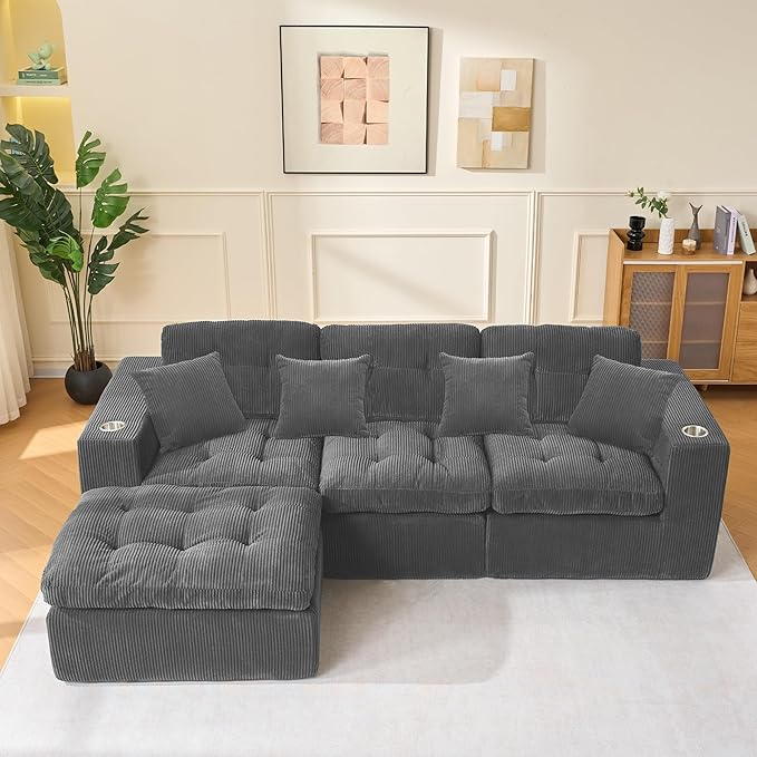 105 L Shaped Modular Sectional Sofa with OttomanCloud Boneless Couches for Living RoomCorduroy Comfy Couch with Chaise and Cup HolderUpholstered Sofa in A Box No AssemblyDark Grey