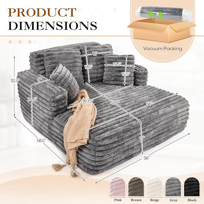 Chaise Lounge Chair Indoor Comfy Corduroy Plush Fluffy Foam Floor Compressed Sofa Chair Leisure Reading Single Sleeper Chaise Chair for Living Room Bedroom Office Pillows Included (Grey)