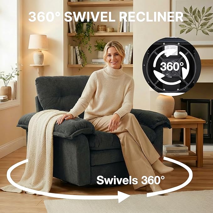 360° Swivel Accent Chair Oversized Plush Modern Chenille Armchair with Padded Seat &amp Back Comfy Spinning Chair for Living Room Bedroom Office (Black)