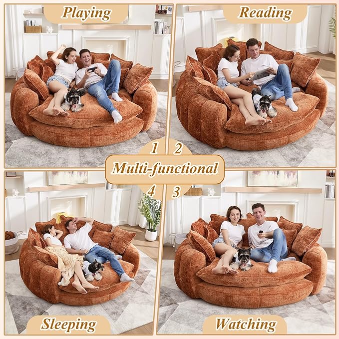 81'' Cloud Couches for Living Room Comfy Circle Round Couch Bed with 14 Pillows Upholstered Boneless Couch Oversized Chaise Lounge Chair Indoor Extra Wide Round Daybed Floor Sofa (Orange)