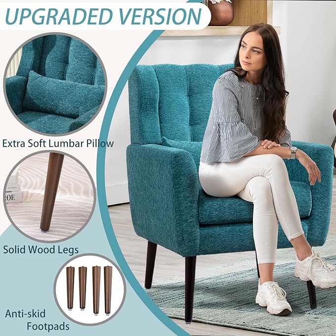 Accent Chair Set of 2 Upholstered Armchair with Pillow Fabric Single Sofa Chair with Lounge Seat and Wood Legs Accent Chair for Living Room Small Spaces (Teal)