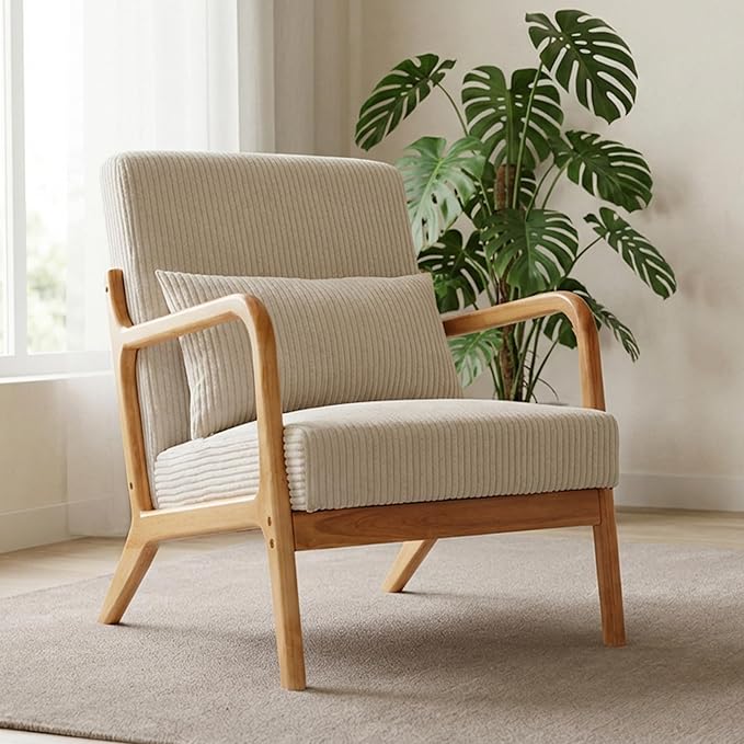 Mid Century Modern Accent Chair Upholstered Corduroy Armchair with Lumbar Pillow Solid Rubberwood Frame for Living Room Bedroom Waiting Room Beige