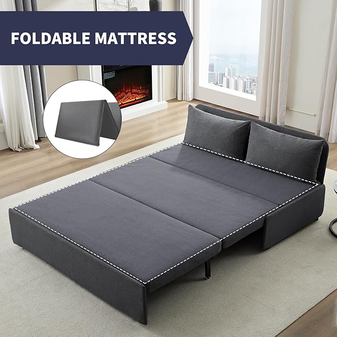 2 in 1 Pull Out Sofa Bed Queen Size Small Convertible Sleeper Sofa Couch Linen Folding Guest Bed with Wheels and Cushions Pillow Futon Sofas Couch Beds for Bedroom Office Lounge - Dark Grey