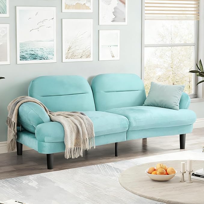 79” Futon Sofa Bed Sleeper Sofa Convertible Sofa Bed with Adjustable Backrest and Armrests Luxury Velvet Cloud Loveseat Convertible Recliner Sleeper Sofa for Living Room Bedroom Apartment Green