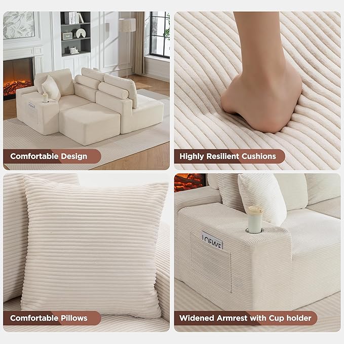 110Modular Sectional Sofa CouchesConvertible L-Shape Cloud Couch 3 Seat Oversize Chaise with OttomanCompressed FoamComfy BonelessSide PocketsCup Holders for Living RoomApartmentCorduroy Beige