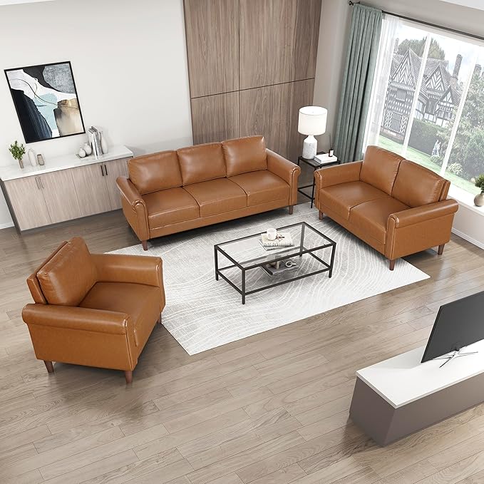 Lexicon 35 W Living Room Accent Chair Faux Leather Upholstered Armchair with Rolled Armrest for Bedroom/Office/Waiting Room Single Sofa Chair Brown