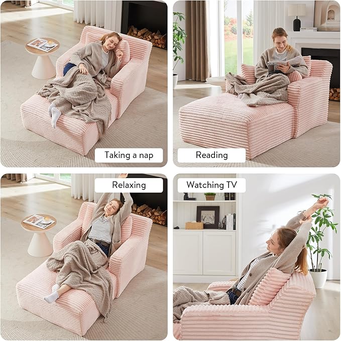 Chaise Lounge Chair Indoor Upholstered Corduroy Single Lounge Sofa Couch Comfy Reading Recliner Sleeper Sofa Chair Bed with Armrests and Pillows for Bedroom Living Room (Pink)