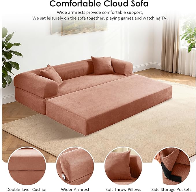 80 Convertible Sofa Bed Corduroy Deep Seat Folding Pull Out Couch with Pillows No Assembly Modern Boneless Couch Compression Sofa in Box Floor Sofa with Storage Pocket for Living RoomPink