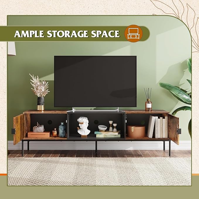 WLIVE TV Stand for 65 Inch TV Mid Century Modern Entainment Center with 2 Storage Cabinets &amp Open Shelf TV Console Table Media with Metal Legs for Living Room Bedroom Rustic Brown