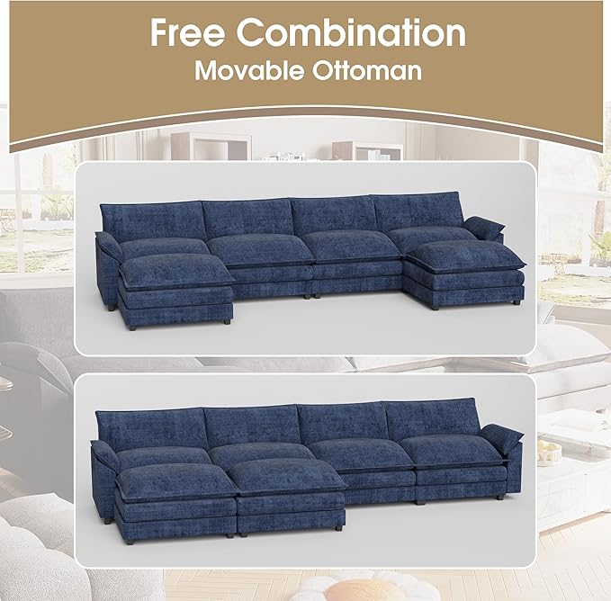 JUMMICO 159” Sectional Sofa Modern Deep 3-Seat Sofa Couch with Reversible Ottoman U-Shaped Chenille Fabric Modular Sofa Sleeper Comfy for Living Room/Bedroom/Apartment (Blue U Shaped Sofa)