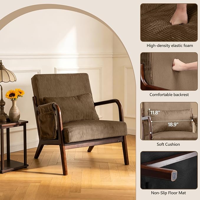 Mid-Century Modern Accent Chairs Upholstered Fabric Lounge Arm Chair with Storage Pocket Lumbar Cushion &amp Solid Wood Frame for Living Room Bedroom Balcony (Camel)