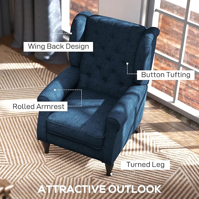 HOMCOM Mid-Century Modern Accent Chair High Wingback Reading Chair Button-Tufted Upholstered Fabric Armchair with Retro Wood Legs for Apartment Living Room Bedroom Blue