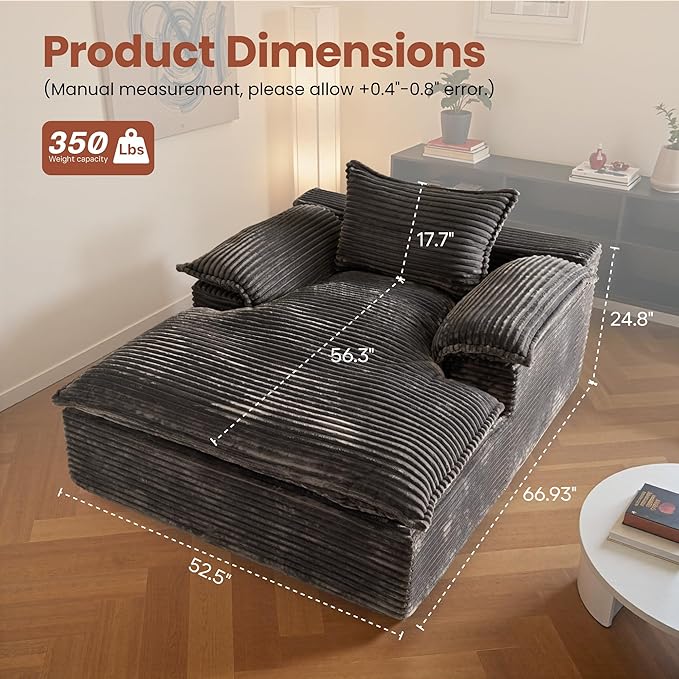 ovios 67 Boneless Lounge Chaise with Cloud Plush Sofa Bed No Assembly Required Fluffy Modern Sleeper Single Chair for Indoor Living Room Bedroom Reading (Grey (Plush Corduroy Fabric)) | No Assembly